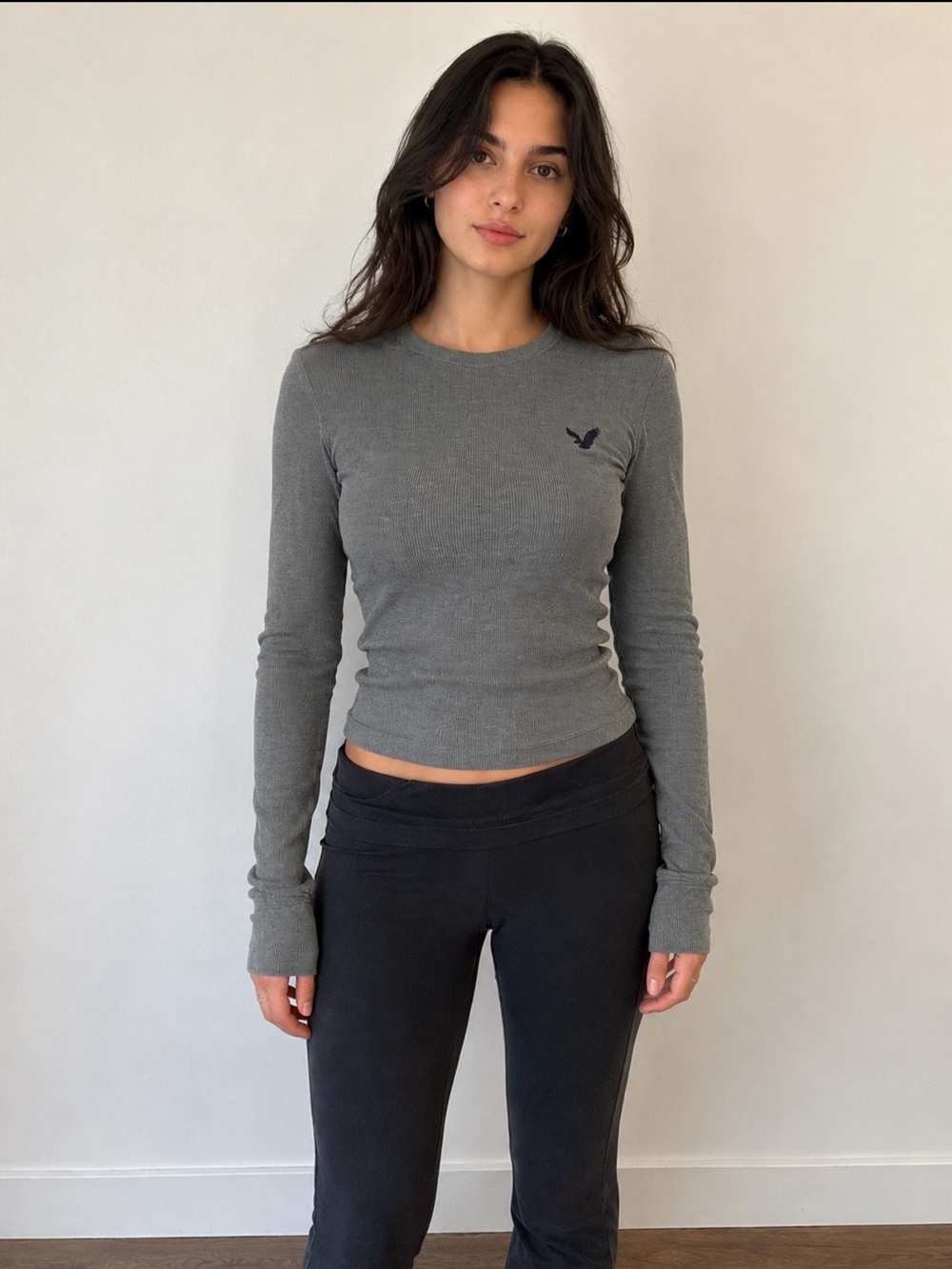 American Eagle Vintage Fit Waffle Knit Long Sleeve Gray Women’s Small